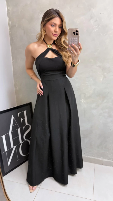 Vestido Longo Flor Dourado Preto Crepe Liso