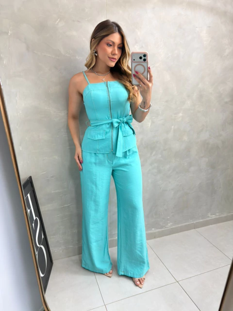 Conjunto Calça Pesponto Zíper Ciano