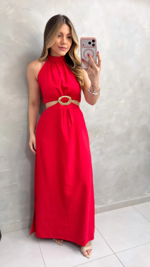 Vestido Fivela Orgânica Dourada Vermelho