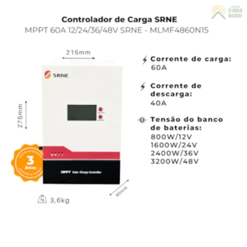 CONTROLADOR DE CARGA MPPT 60A 12V/24/48V SRNE