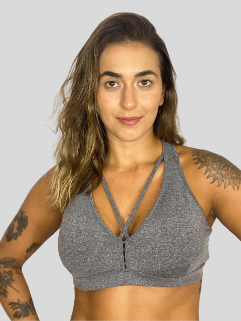 TOP TIRAS NA FRENTE E CRUZADO NAS COSTAS COM BOJO REMOVÍVEL CINZA MESCLA SUSTENTAÇÃO