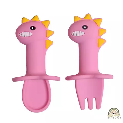 Kit Talheres em Silicone - Dinossauro Rosa