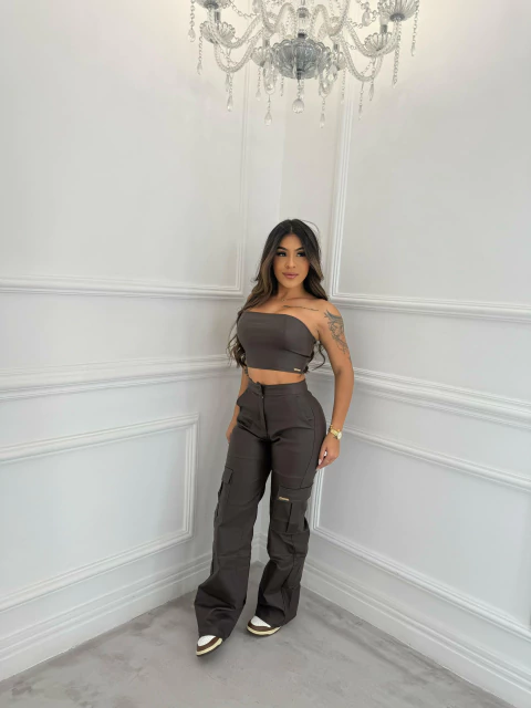 CALÇA CARGO COURO FAKE 0859 MARROM BLESSMIH