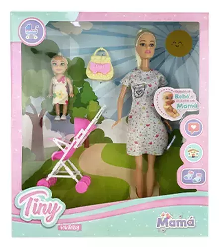 Muñeca Infantil Tiny Mama Embarazada Bebe Carrito
