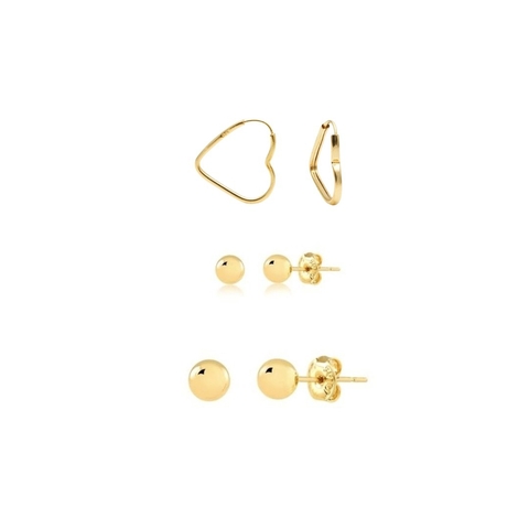 Kit Trio De Brinco Coração + Bolinha Banhado em Ouro 18k e Prata 925