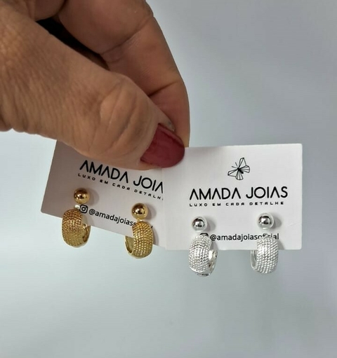Kit Duplo Brinco Argolinha Cravejada + Bolinha Banhado em Ouro 18k e Prata 925