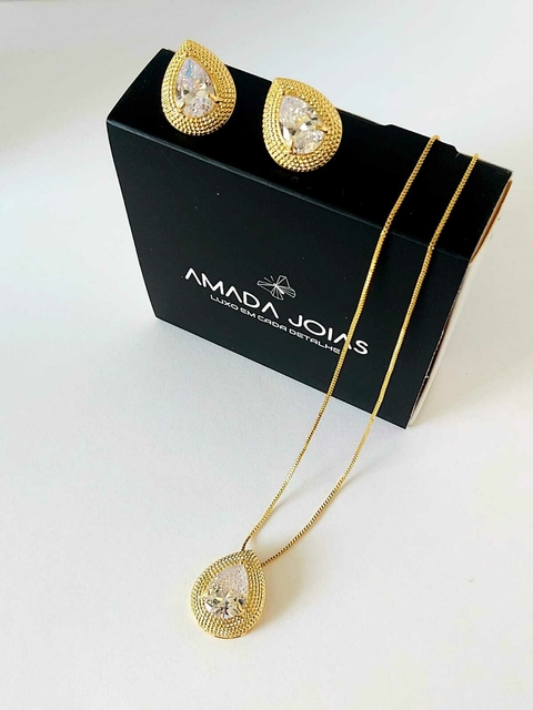 Conjunto Brinco Colar Gota Com Pedra Em Zircônia Ouro 18k