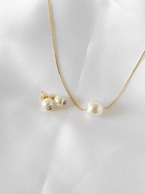Conjunto Brinco Pérola e Zircônia e Colar esfera Ouro 18k