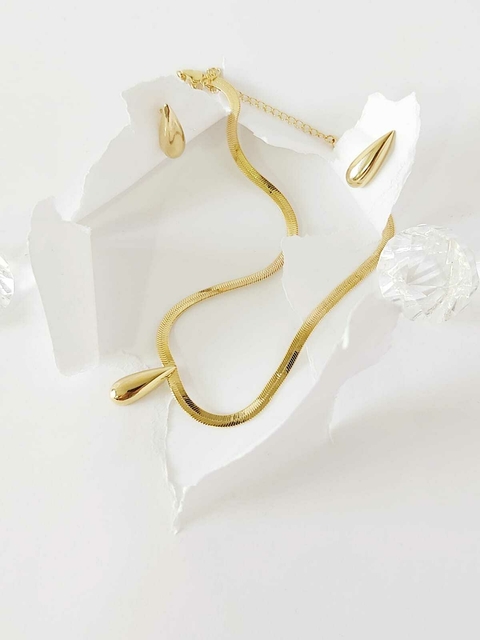 Conjunto Brinco Gota E Colar Choker Fita Gota Lisa Ouro 18k