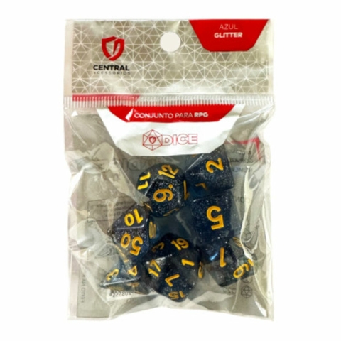 Conjunto de 7 Dados RPG – Glitter Azul e Dourado – Central