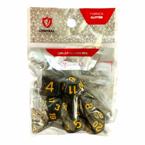Conjunto de 7 Dados RPG – Glitter Fumaça e Dourado – Central