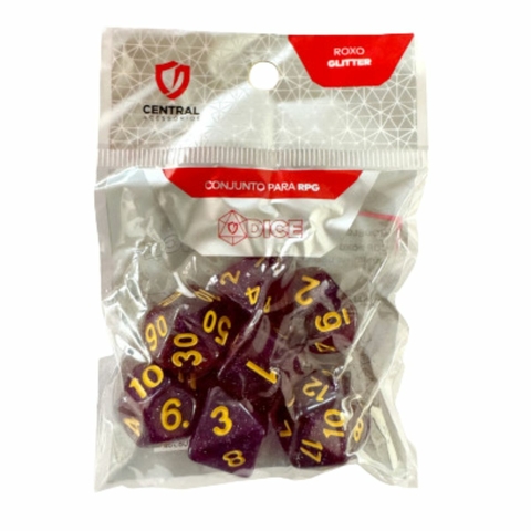 Conjunto de 7 Dados RPG – Glitter Roxo e Dourado – Central