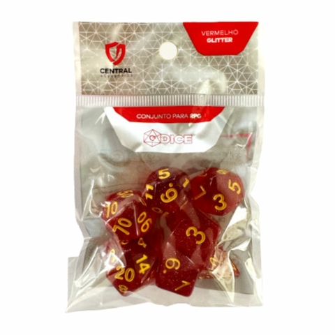 Conjunto de 7 Dados RPG –Glitter Vermelho e Dourado –Central