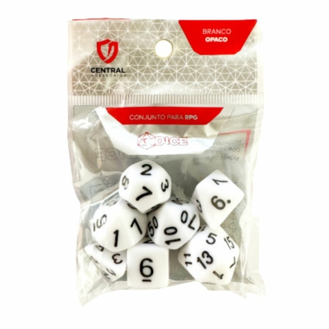 Conjunto de 7 Dados RPG – Opaco Branco e Preto – Central