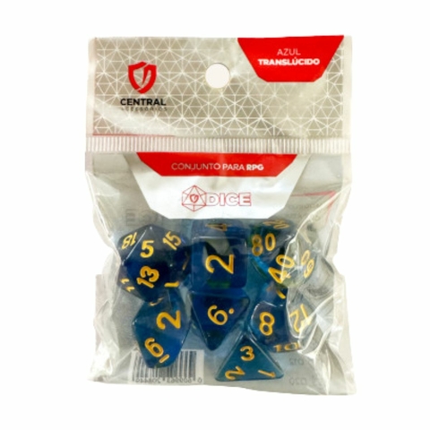 Conjunto de 7 Dados RPG –Translucido Azul e Dourado –Central