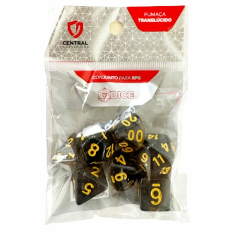 Conjunto de 7 Dados RPG–Translucido Fumaça e Dourado–Central