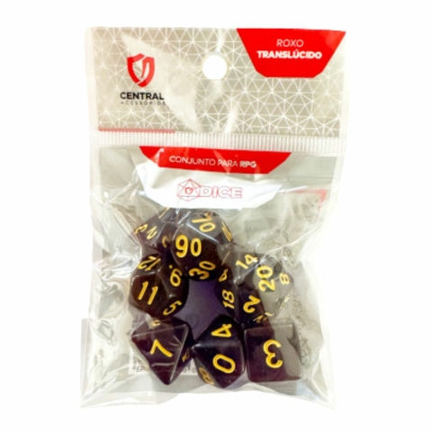Conjunto de 7 Dados RPG –Translucido Roxo e Dourado –Central