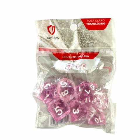 Conjunto de 7 Dados RPG –Translucido Rosa e Branco –Central