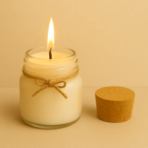Vela aromática de 30g em pote de vidro com laço de corda e tampa de cortiça ao lado, acesa com chama visível