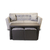 Sillón Evo gris de 2 plazas con estructura de madera reforzada con mesa y almohadones.