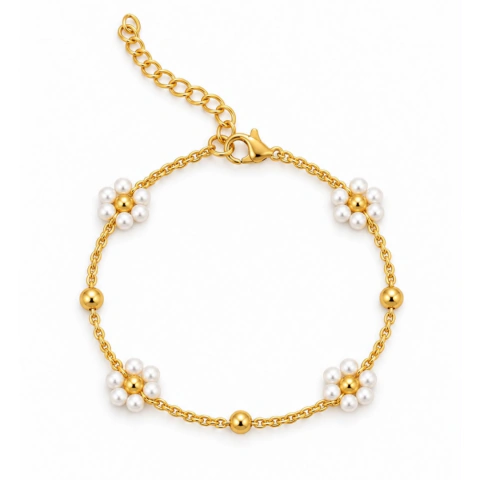 Pulseira flores pérola em aço inox banhado a ouro