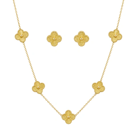 Conjunto trevo dourado em aço inox banhado a ouro