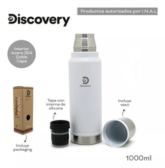 Termo de acero inoxidable Discovery, capacidad de 1000 ml, con interior de doble capa y tapa de silicona.