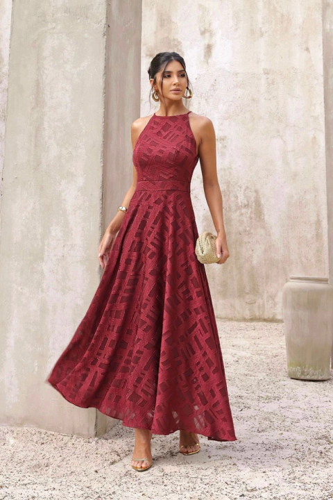 Vestido Midi Marsala com Textura Geométrica e Gola Alta - Raissa