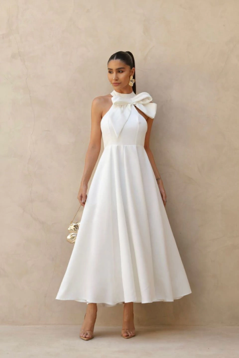 Vestido Midi Branco Halter com Laço Lateral - Aurora - comprar online