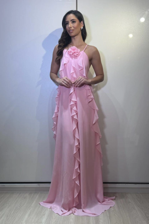 Vestido Longo Rosa Claro com Babados e Flor Removível - Sophia - comprar online