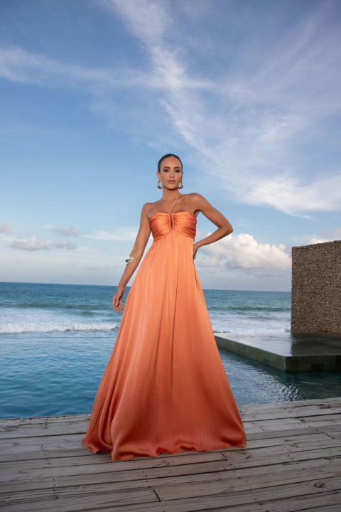 Vestido Longo Laranja com Amarração nas Costas - Alissa