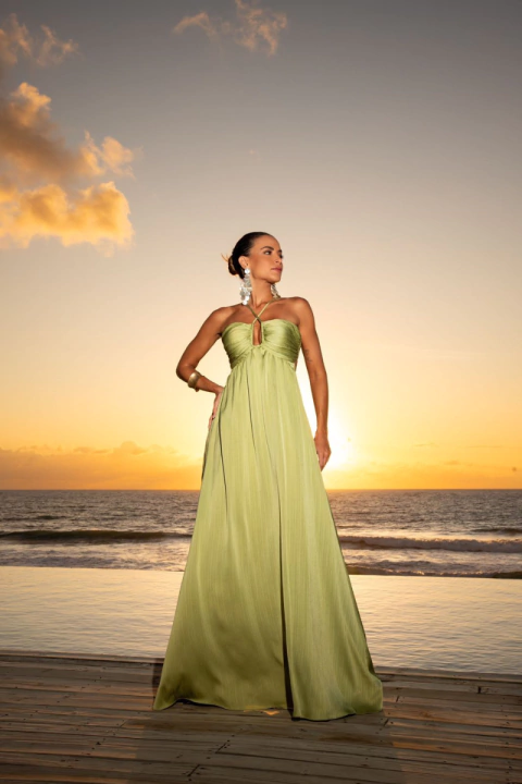 Vestido Longo Verde Oliva com Amarração nas Costas - Alissa