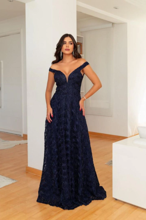 Vestido Longo Azul Marinho Bordado - Mily - comprar online