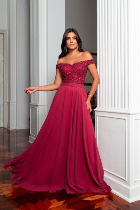 Vestido Longo de Festa Marsala com Bordado Pedraria e Ombro a Ombro - Maya - comprar online