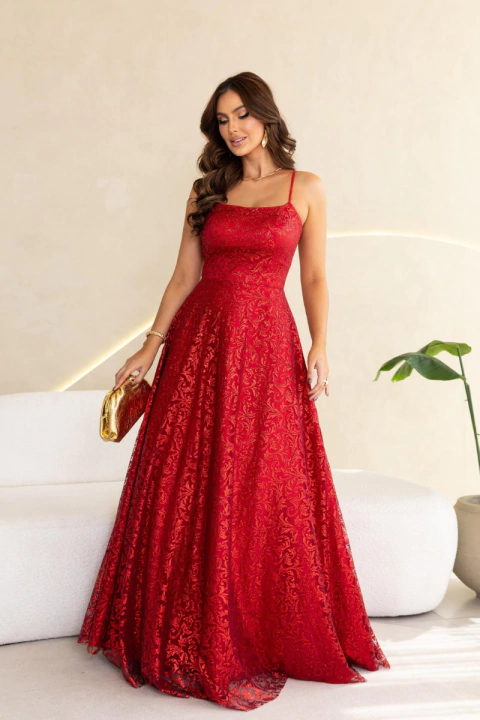 Vestido Longo Vermelho Brilhoso com Alças Finas e Costas Vazadas - Laysla
