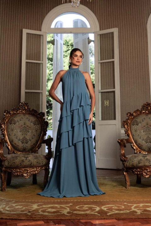 Vestido Decote Halter Azul Petróleo - Jasmine