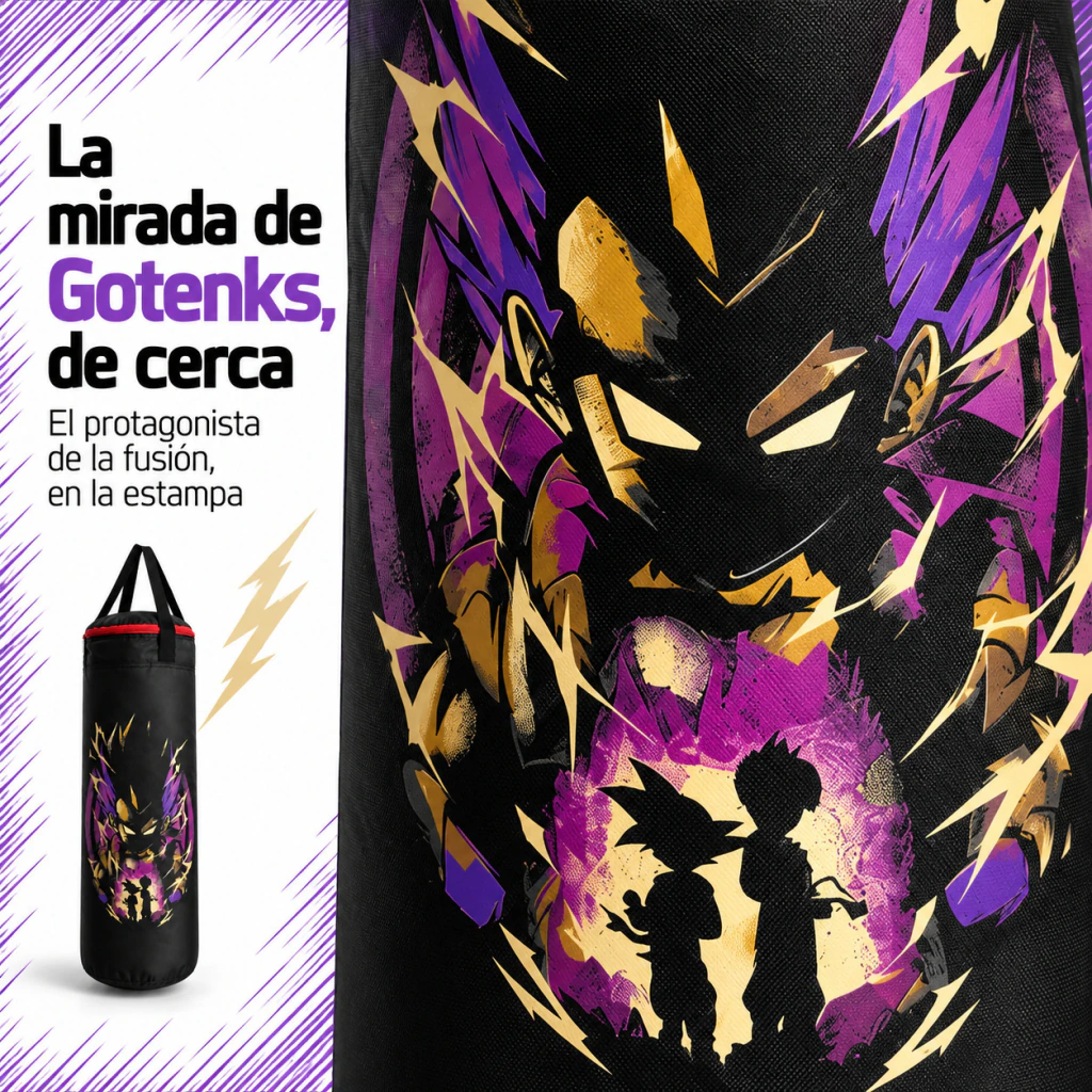 Estampa de Gotenks en violeta y dorado, de cerca