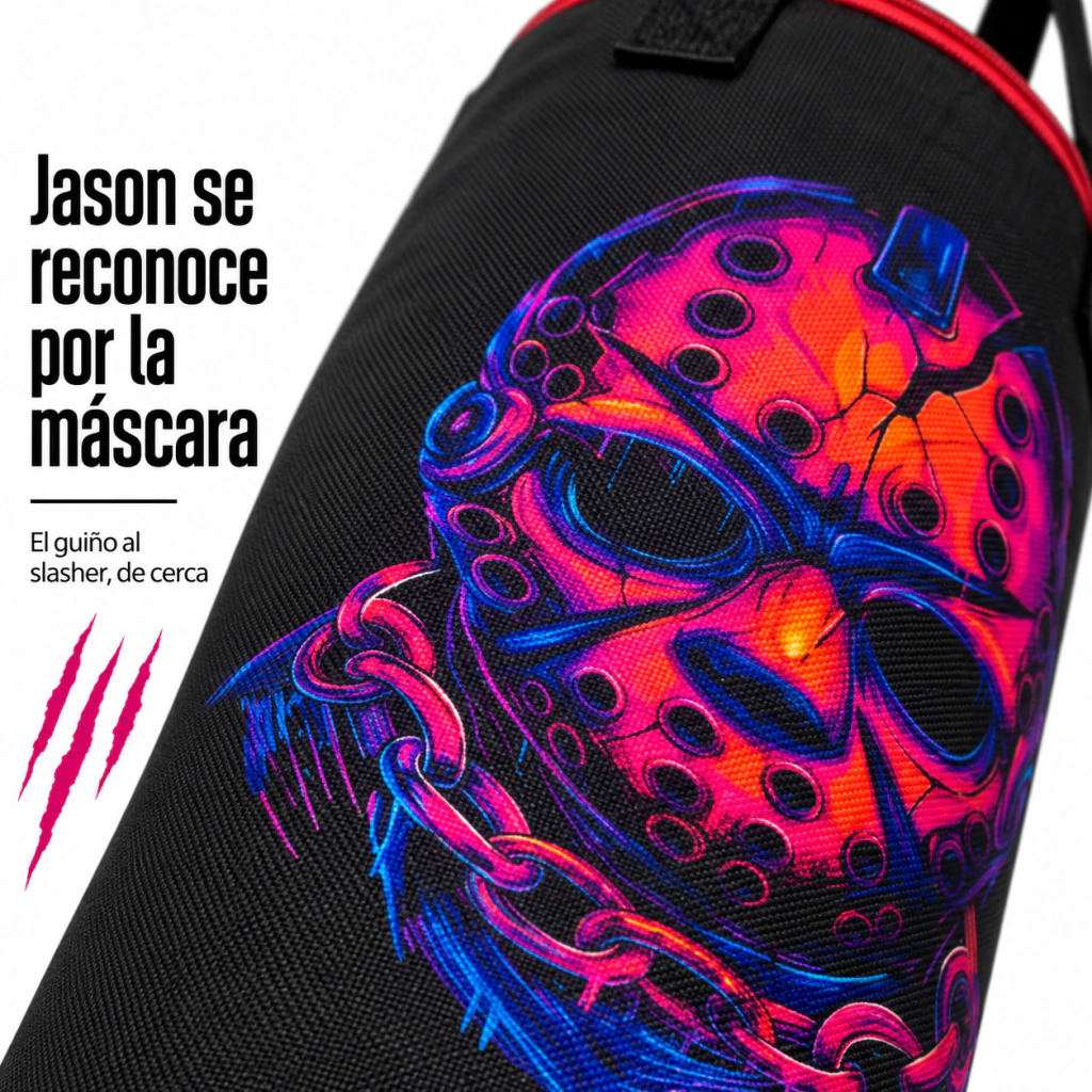 Máscara de Jason estampada en rosa, naranja y violeta, de cerca