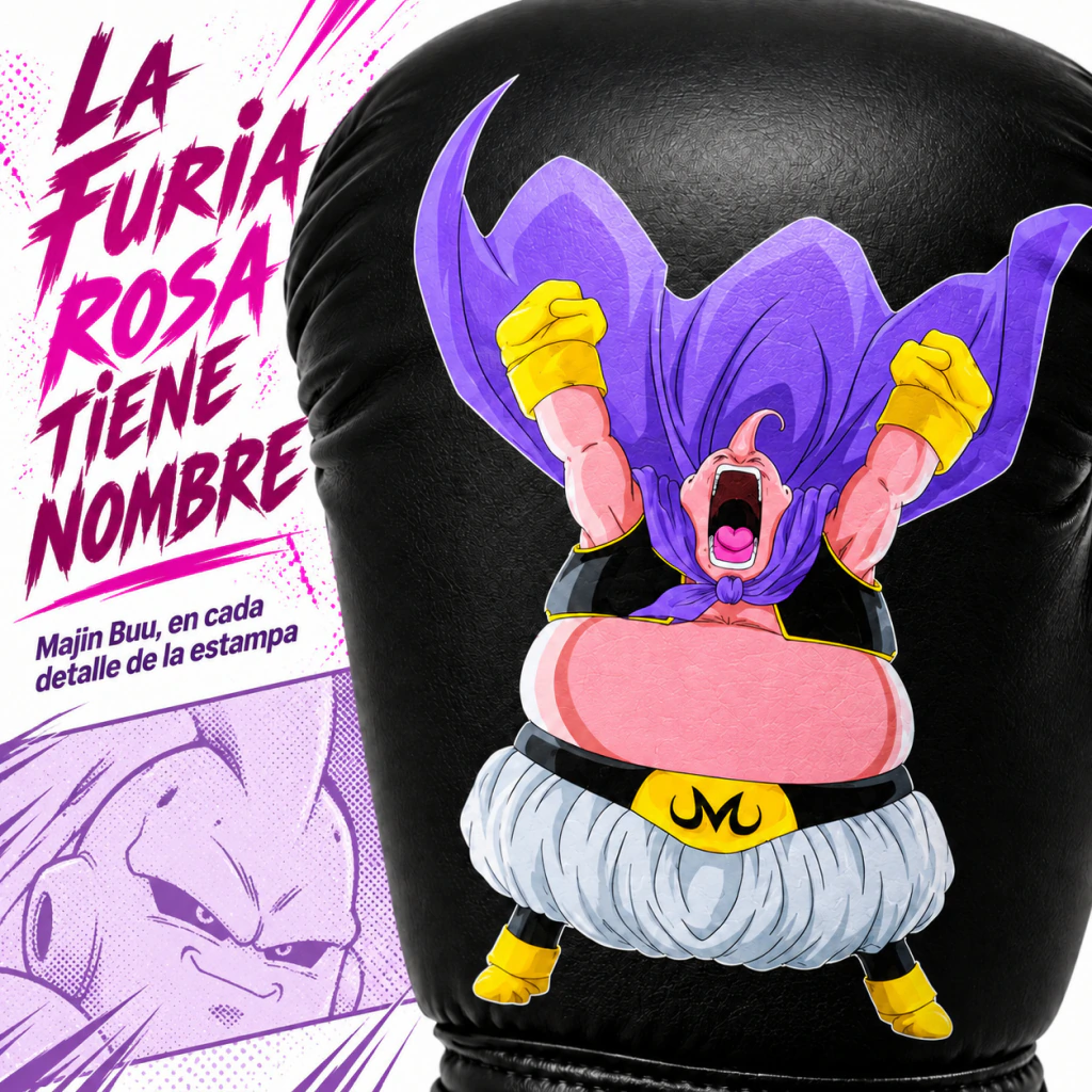 Majin Buu estampado en el guante, de cerca
