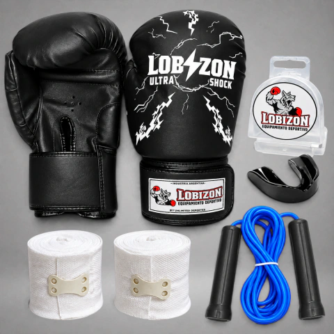 Combo Guantes Ultra Shock + Bucal Simple Adulto + Par de Vendas 5cm + Soga PVC - Lobizon