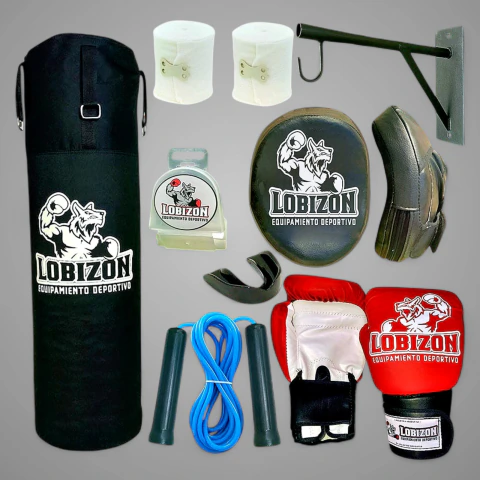 Kit Boxeo 90cm — Guantes + Foco + Bucal + Vendas + Soga + Soporte LOBIZÓN