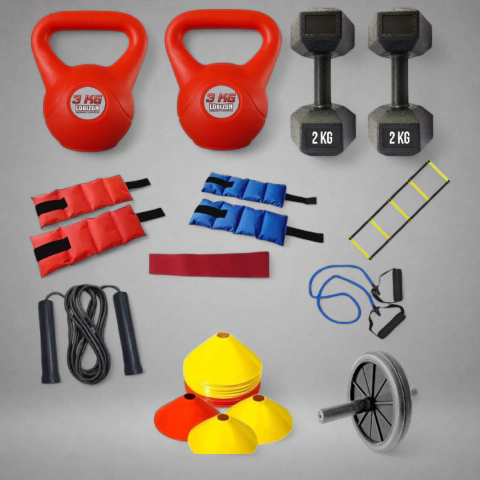 Kit Entrenamiento N20 Par Rusas 3Kg Pvc+Par Mancuernas 2Kg Pvc+Par Tobillera 2Kg+Par Tobillera 1Kg+Escalera+Soga+Banda Cir+Tortuga X10+Rueda+2 Agarres