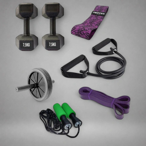 Kit Funcional Nº7 Mancuernas 7,5kg PVC + Banda 2 Agarre Alta + Banda Circular Proyec Media + Rueda Doble Plástica + Superband Resistencia Alta + Soga De Salto PVC con Ruleman