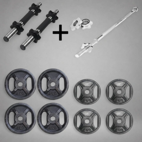 Kit Fundición Barra Maciza Cromada 1,50 + 2 Barras Mancuernas + 30Kg Disco Fundición