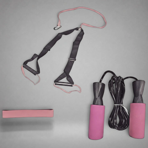Kit Entrenamiento Rosa N4 Banda de Suspensiòn TRX + Banda Circular de Tela Intensidad Media + Soga de Salto PVC Ruleman