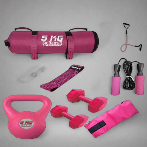 Kit Rosa N2: Core Bag 5Kg+Pesa Rusa 2Kg+Banda Proyec +Soga Pvc +Banda Dos Agarres+Mancuernas 2Kg+Tobilleras 1Kg