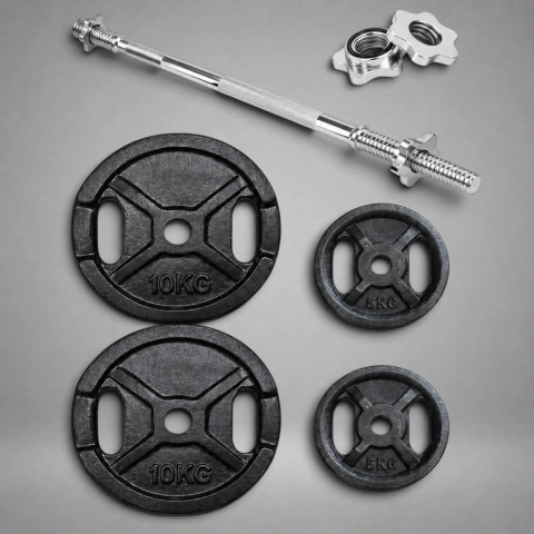 Kit Fundición Barra Maciza Cromada 1,50 + 30Kg Discos Fundición