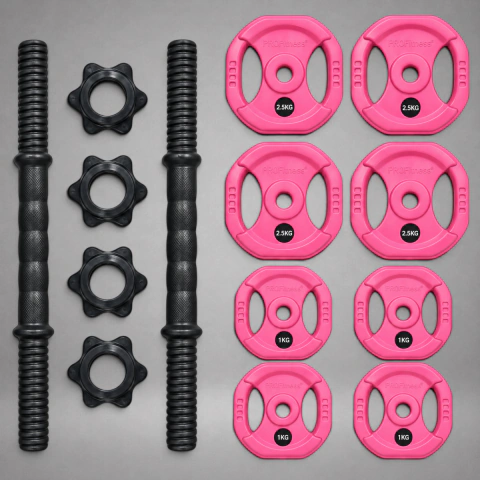Kit Body Pump 14KG Pvc Rosa Discos con Agarres+ 2 Mancuernas + Topes