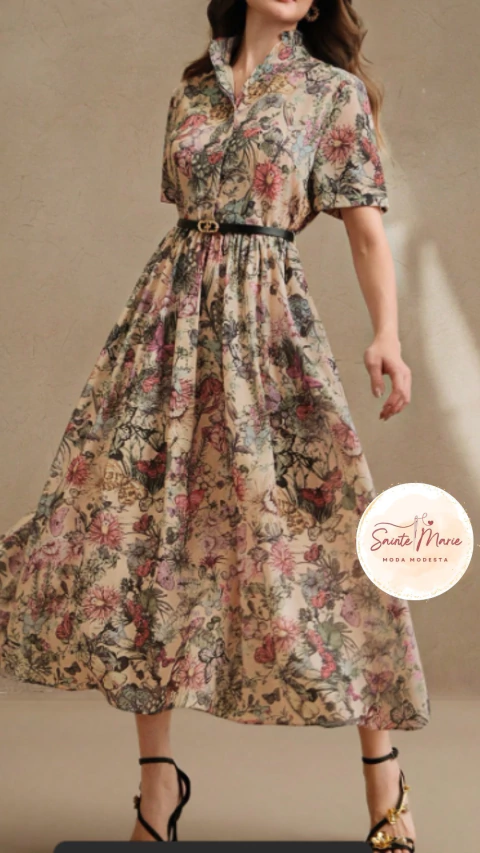Vestido Longo manga média estampa FLoral e Borboletas - PRIMAVERA/VERÃO - comprar online