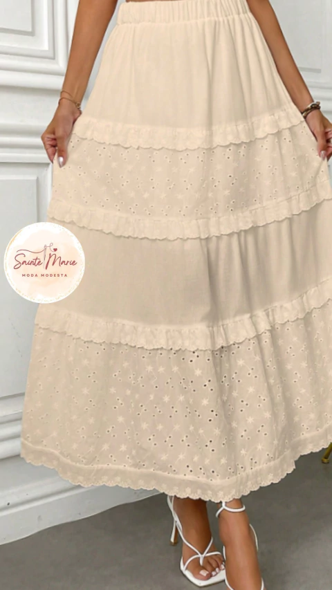Saia Longa Laise com Detalhes de Gripir em Algodão - Sainte Marie Moda Modesta